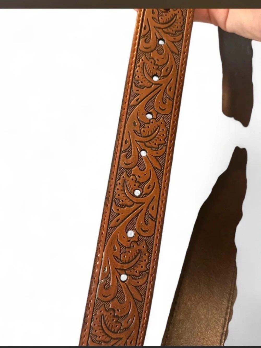 Western poker brass belt with floral embossed genuine leather